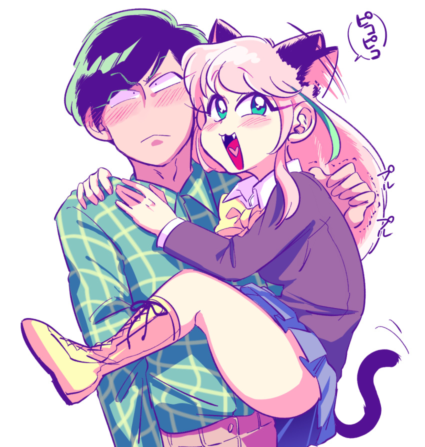 1boy, 1girl, animal_ears, black_hair, blazer, blush, boots, cat_ears
