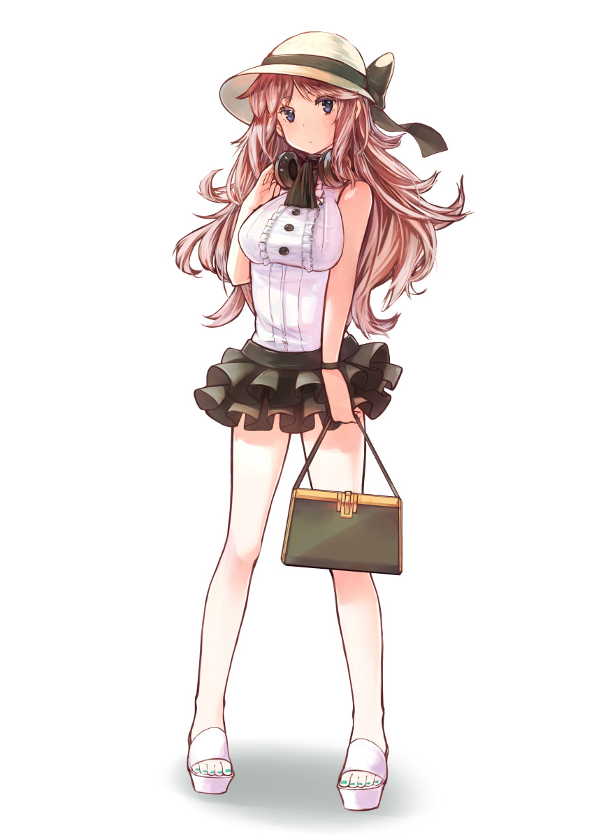 1girl, absurdres, bag, black_skirt, blue_eyes, breasts, frilled_skirt, frills