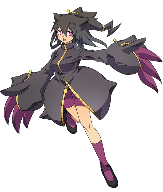 1girl, banette, black_hair, black_shoes, hair_rings, mega_banette, open_mouth, personification, pokemon, purple_legwear, rdim6gr8, shoes, violet_eyes, zipper