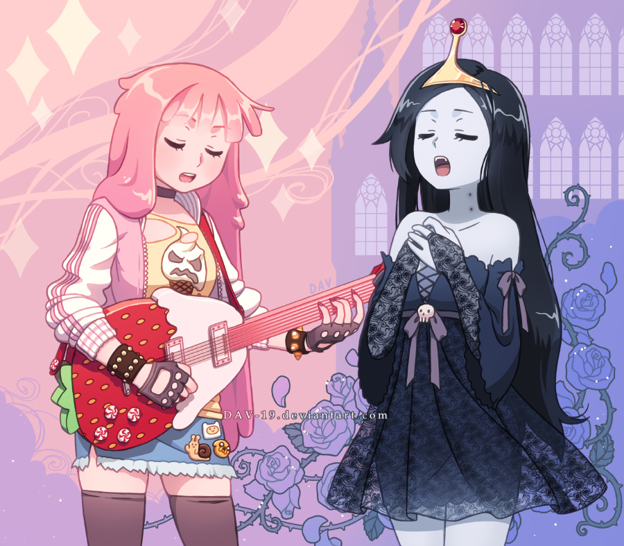 2girls, adventure_time, bite_mark, black_rose, closed_eyes, crown, dav-19, dress