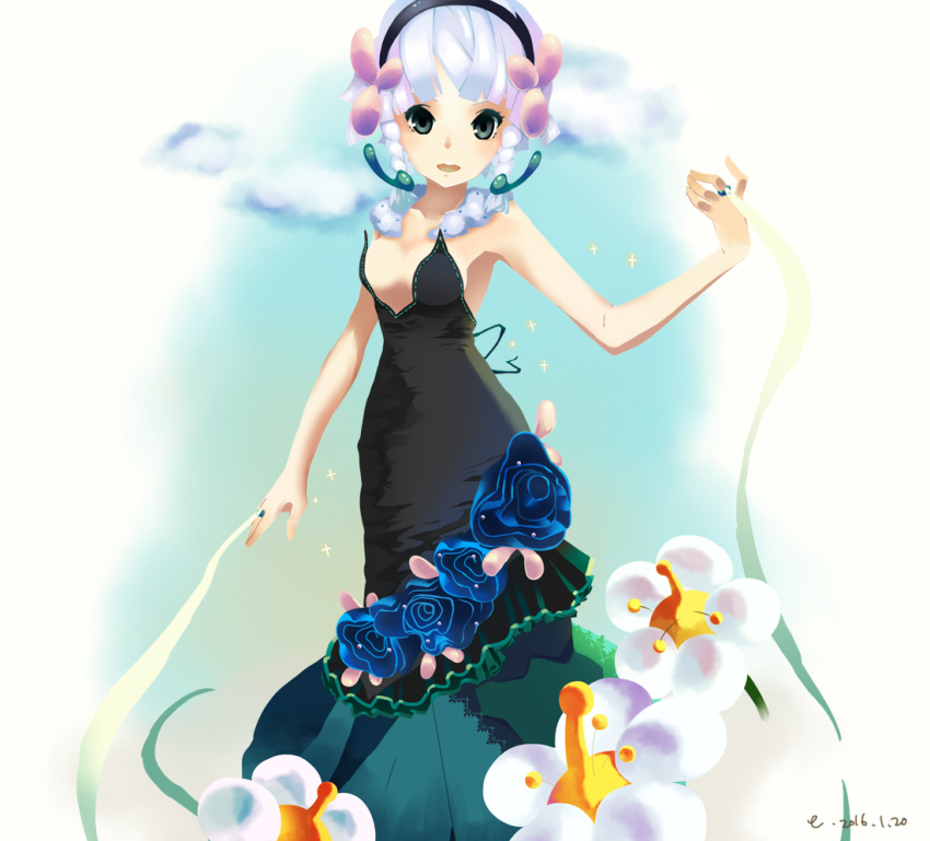 1girl, 2016, black_eyes, blue_flower, braid, dress, eir, florges