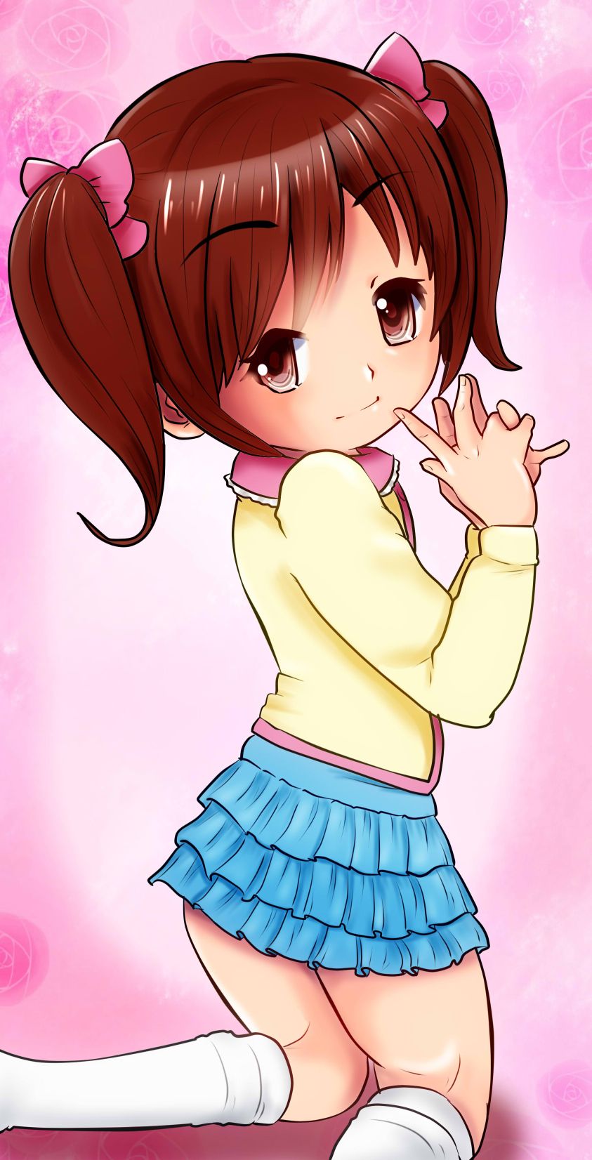 1girl, blue_skirt, brown_eyes, brown_hair, chikusan_nurseman, child, eyebrows_visible_through_hair, hands_together