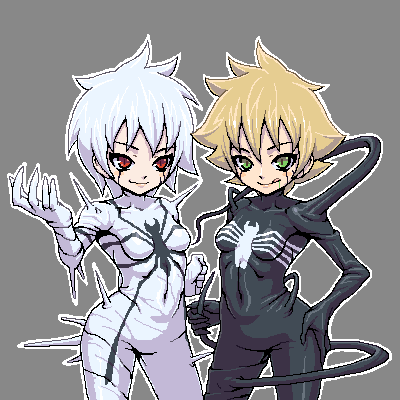 2girls, anti-venom, blonde_hair, bodysuit, breasts, chou_denji_mayuge, lowres, marvel, multiple_girls, muscle, spider-man_(series), symbiote, venom_(marvel)