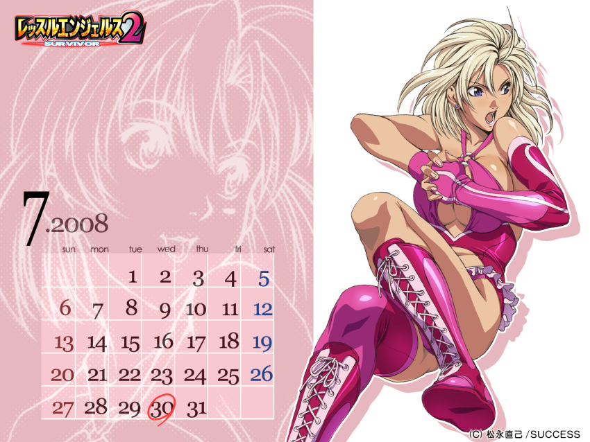 blonde_hair, boots, breasts, calendar, cleavage_cutout, earrings, fingerless_gloves, gloves