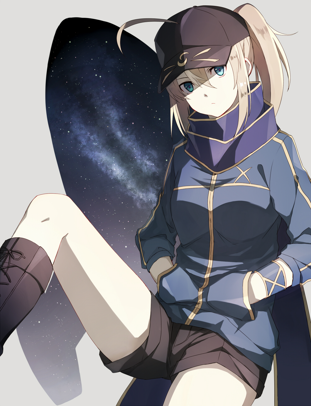 1girl, ahoge, armlet, blonde_hair, blue_eyes, blue_jacket, boots, brown_boots
