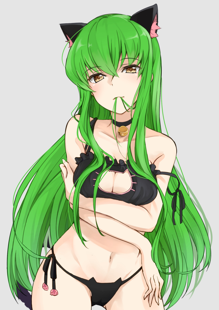 1girl, animal_ears, bare_shoulders, bell, black_bra, black_panties, blush, bra, breasts, c.c., cat_cutout, cat_ear_panties, cat_ears, cat_keyhole_bra, cat_lingerie, choker, cleavage, cleavage_cutout, code_geass, commentary_request, green_hair, hair_in_mouth, highres, jingle_bell, long_hair, looking_at_viewer, max_melon_teitoku, mouth_hold, navel, panties, side-tie_panties, solo, underwear, underwear_only, yellow_eyes