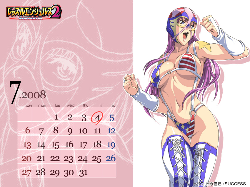 american_flag_bikini, bikini, boots, breasts, calendar, flag_print, highres, homare_(fool's_art), homare_dou, large_breasts, long_hair, mask, open_mouth, purple_hair, sling_bikini, swimsuit, the_usa, thigh_boots, thighhighs, underboob, wallpaper, wrestle_angels, wrestle_angels_survivor_2, wrestling