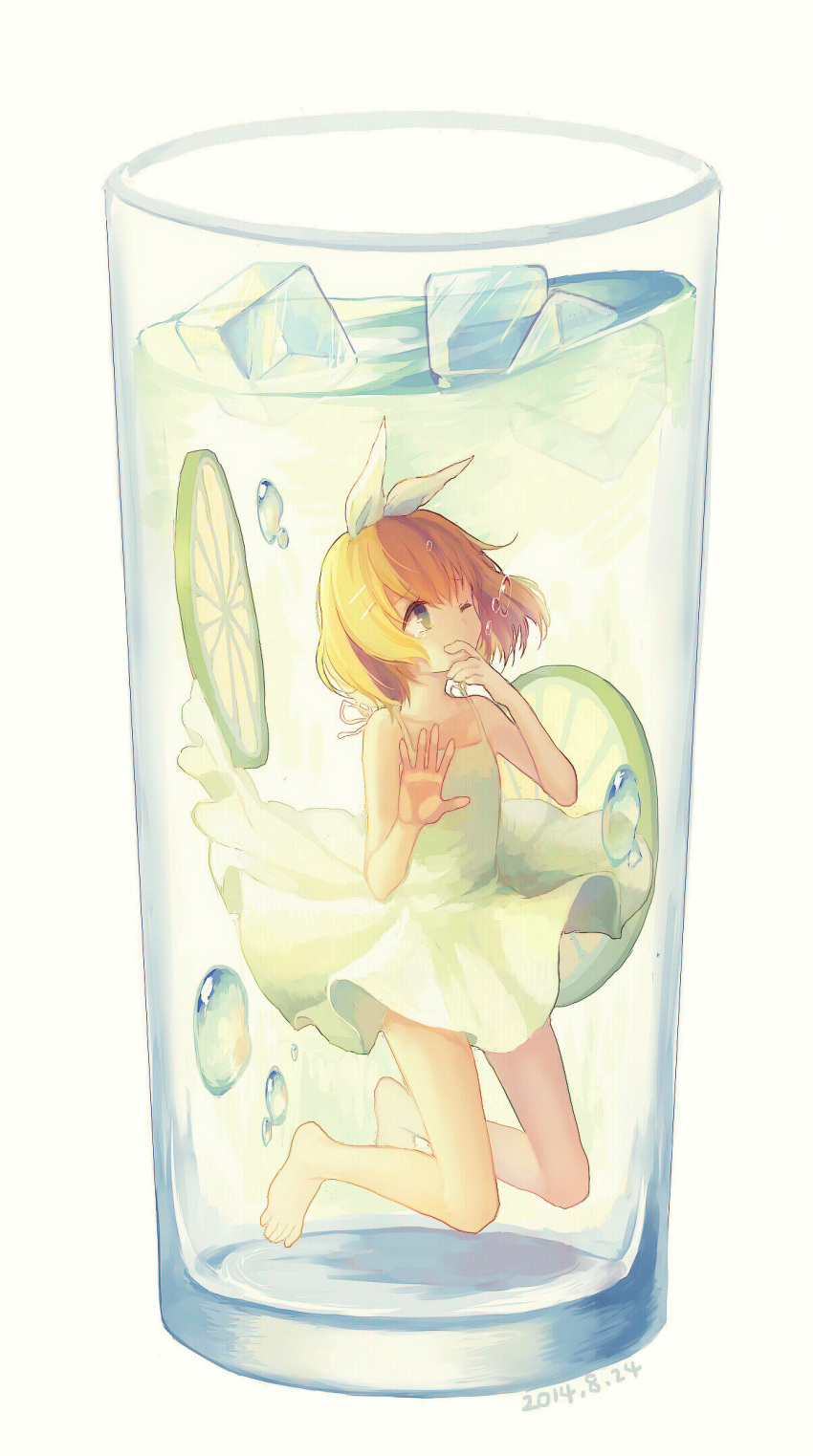 1girl, 2014, afloat, against_glass, air_bubble, bangs, bare_legs, barefoot
