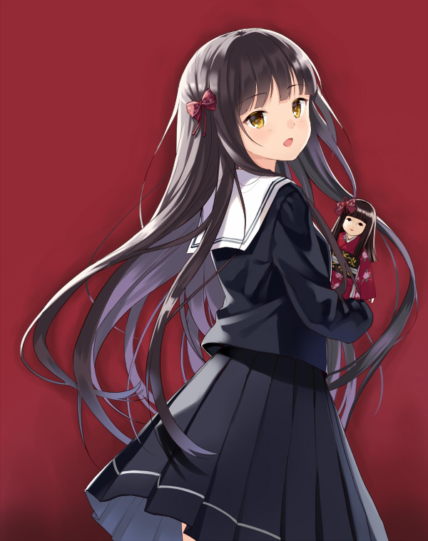 1girl, back, black_blouse, black_hair, black_serafuku, black_skirt, bow, cowboy_shot