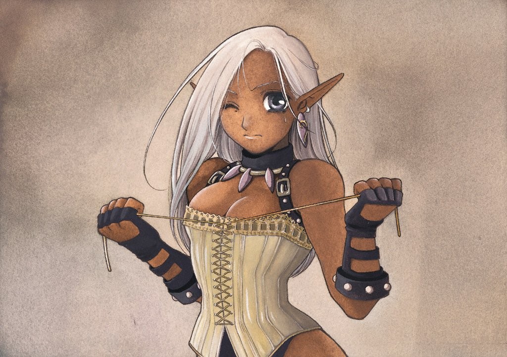 cleavage, corset, dark_skin, earrings, elf, kohime_ohse, pointy_ears