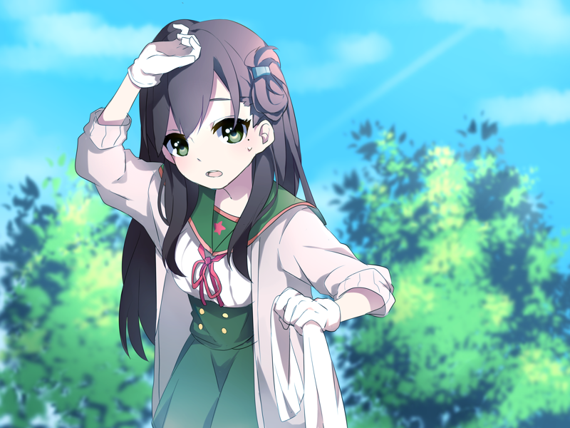 1girl, blue_sky, brown_hair, bush, cardigan, folded_hair, gakkou_gurashi!, gloves, green_eyes, hair_ornament, hairclip, hinata_(sky), hot, long_hair, school_uniform, sky, solo, sweat, wakasa_yuuri, wiping_forehead