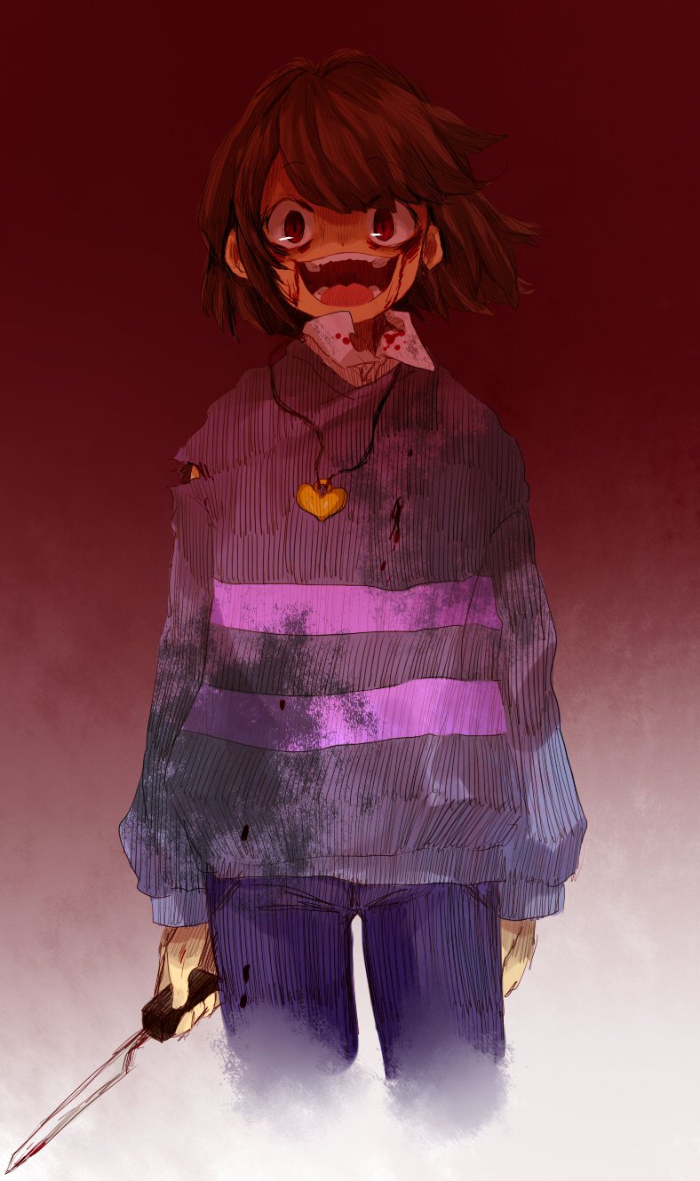 :d, androgynous, blood, blood_on_face, bloody_clothes, brown_eyes, brown_hair, collared_shirt, crazy_eyes, crazy_laugh, dark_persona, denim, dirty_clothes, frisk_(undertale), gradient, gradient_background, heart, heart_necklace, highres, knife, koyashaka59, open_mouth, shirt, smile, solo, striped, striped_sweater, sweater, tagme, torn_clothes, undertale, upper_body
