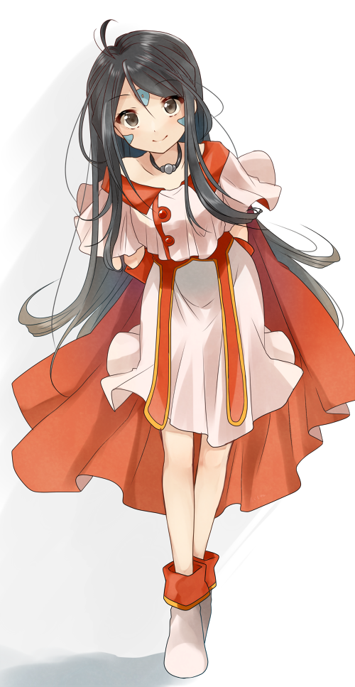 1girl, aa_megami-sama, ahoge, arms_behind_back, black_hair, blush, boots, brown_eyes