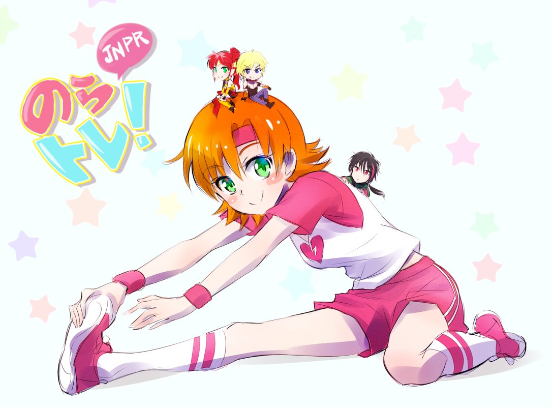 2boys, 2girls, black_hair, blonde_hair, blue_eyes, breasts, green_eyes, gym_outfit, headband, iesupa, jaune_arc, lie_ren, long_hair, miniboy, minigirl, multiple_boys, multiple_girls, nora_valkyrie, orange_hair, ponytail, pyrrha_nikos, red_eyes, redhead, rwby, shoes, short_hair, sitting, sitting_on_head, sitting_on_person, smile, stretch, sweatband