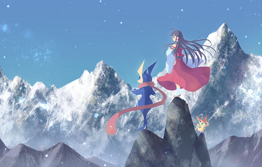 1girl, ahoge, black_eyes, black_hair, blue_sky, day, detached_sleeves, from_behind