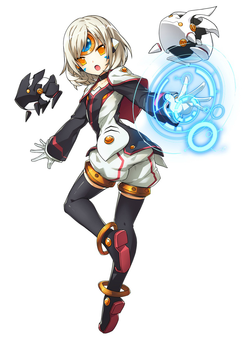 1girl, alternate_costume, alternate_hairstyle, another_code_(elsword), boots, caplet, elsword, eve_(elsword), forehead_jewel, gloves, official_art, short_hair, shorts, thigh-highs, thigh_boots, white_hair