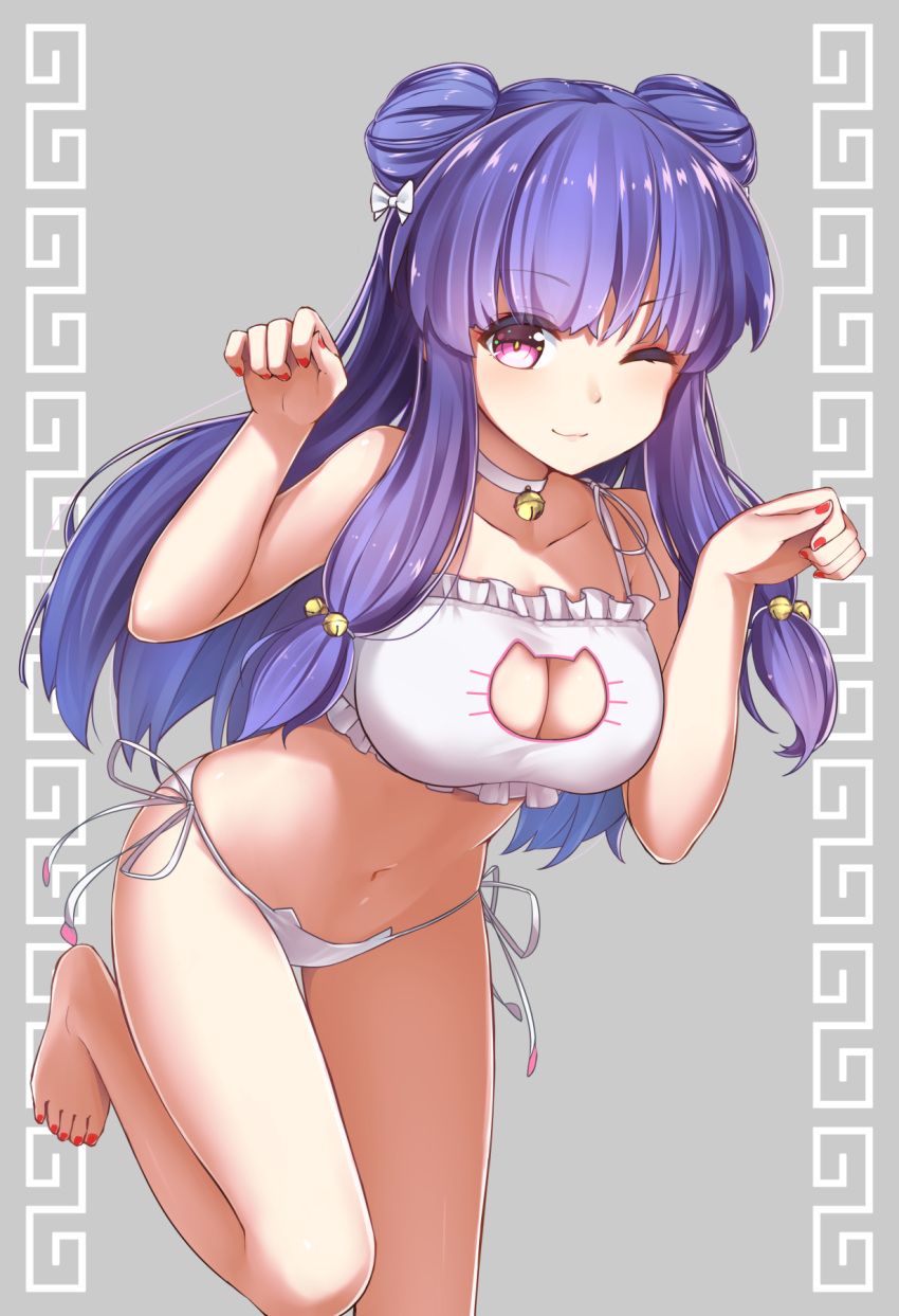 1girl, bangs, bell, bell_collar, bra, breasts, cat_keyhole_bra, cat_lingerie