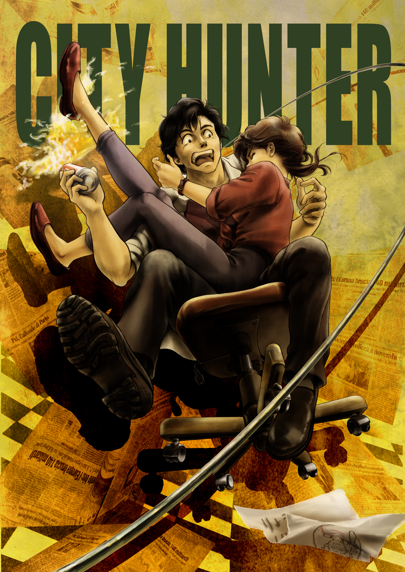 1boy, 1girl, beer_can, black_eyes, black_hair, brown_hair, chair, city_hunter