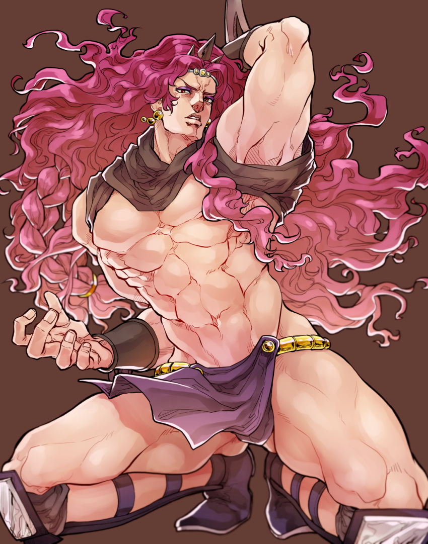 1boy, abs, arm_up, blade, blurry, earrings, hair_tie, hatching_(texture)