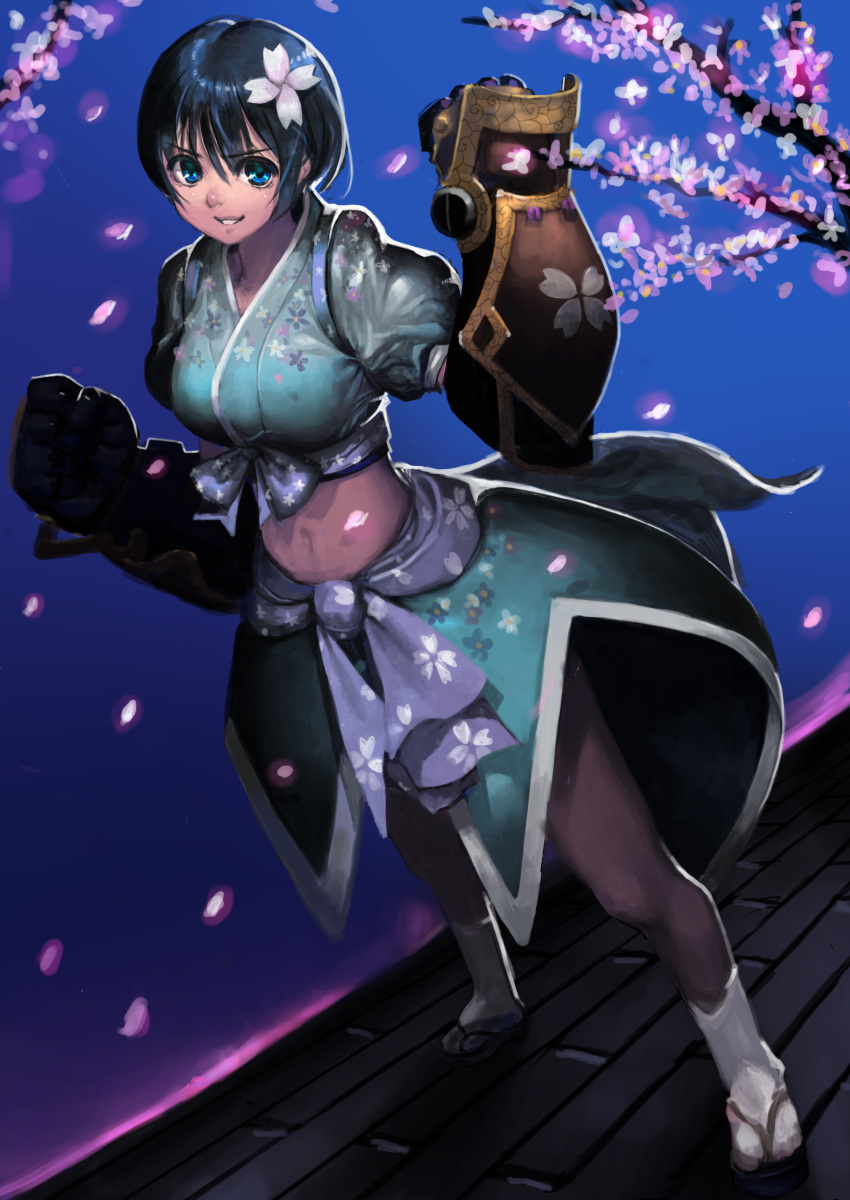 1girl, absurdres, blue_eyes, flower, gauntlets, hair_flower, hair_ornament, highres, hiyashi_yaki, japanese_clothes, senran_kagura, senran_kagura_(series), short_hair, yozakura_(senran_kagura)