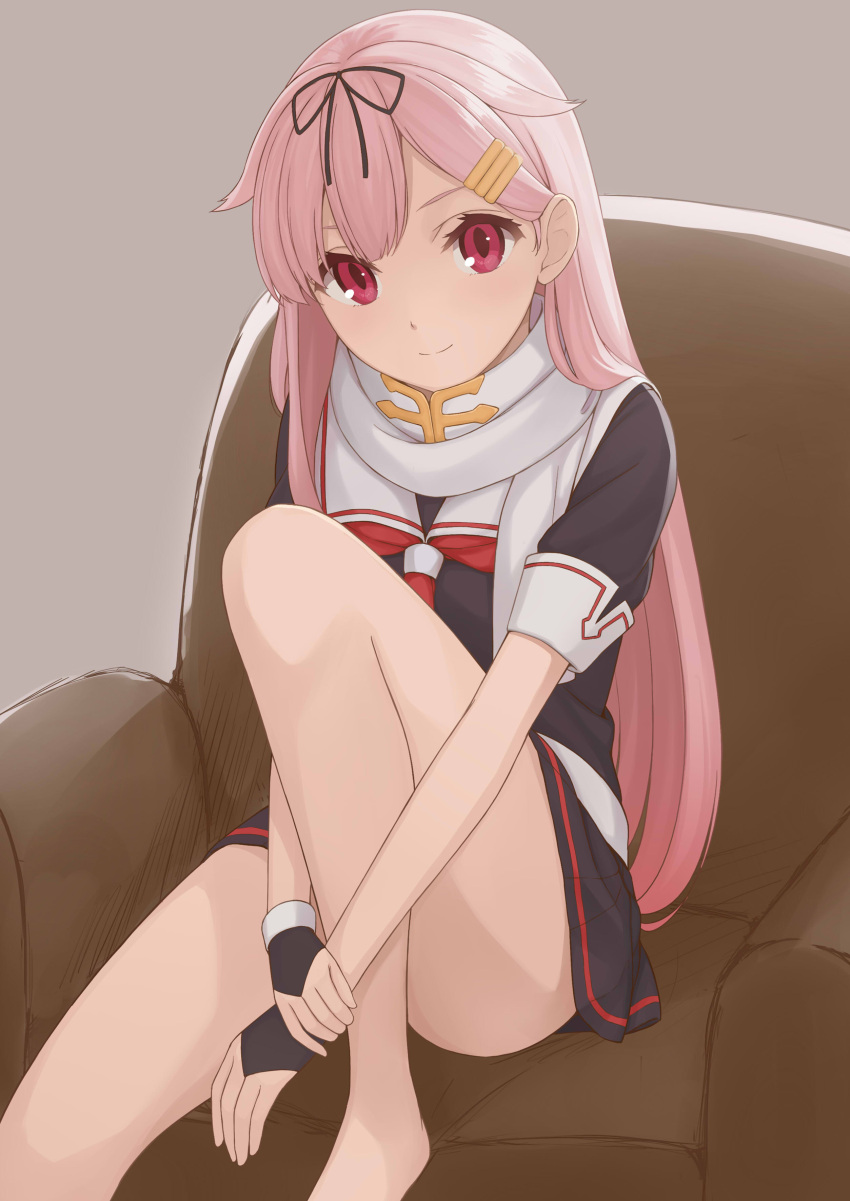 1girl, absurdres, blonde_hair, hair_ornament, hair_ribbon, hairclip, highres, kantai_collection, long_hair, nananichi, red_eyes, remodel_(kantai_collection), ribbon, scarf, school_uniform, serafuku, smile, yuudachi_(kantai_collection)