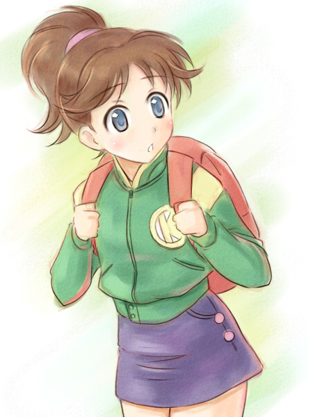 backpack, bad_id, bag, blue_eyes, brown_hair, gundam, gundam_f91, jacket, ponytail, reese_arno, satogo, skirt, solo