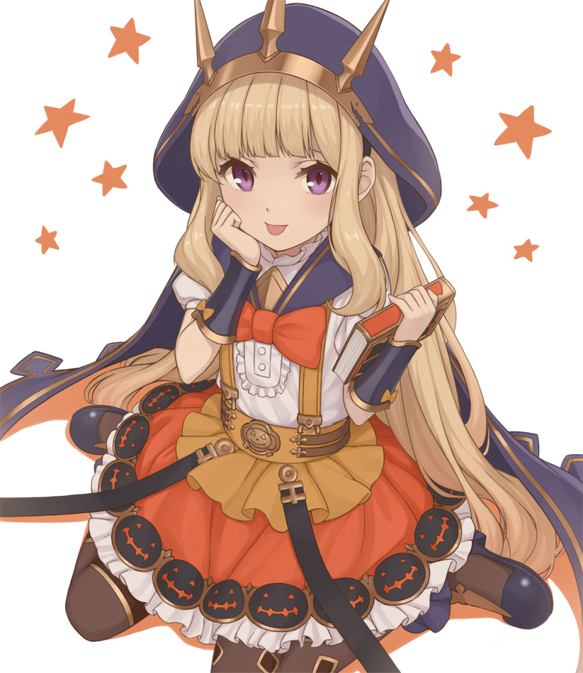 1girl, :p, blonde_hair, book, bow, cagliostro_(granblue_fantasy), cape, crown