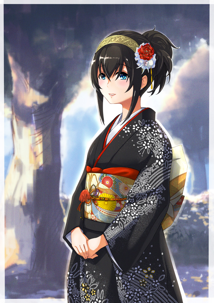 1girl, black_hair, blue_eyes, female, idolmaster, idolmaster_cinderella_girls, japanese_clothes, kaoru348