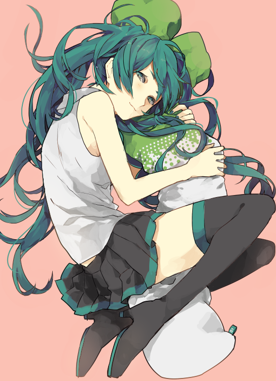 1girl, boots, green_eyes, green_hair, hatsune_miku, kouga_228, long_hair, lying