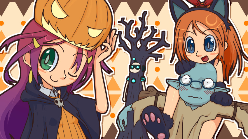 2boys, 2girls, animal_ears, bangs, bare_shoulders, blue_eyes, blush, bold