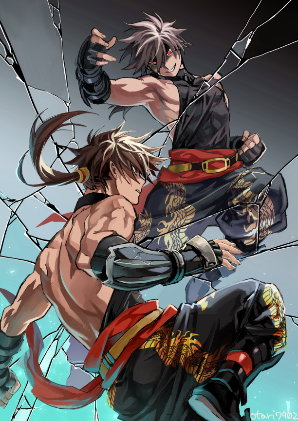 2boys, brown_hair, cannon_dancer, crack, dual_persona, fingerless_gloves, gloves, indesign