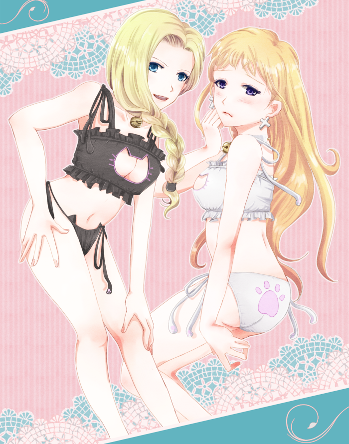 2girls, :d, alternate_costume, ass, bangs, bell, bell_choker, bianca, black_panties, blonde_hair, blue_eyes, blush, braid, breasts, cat_cutout, cat_ear_panties, cat_keyhole_bra, cat_lingerie, choker, cleavage_cutout, closed_mouth, cross_earrings, dragon_quest, dragon_quest_v, earrings, frills, frown, hair_over_shoulder, jewelry, jingle_bell, kamishiro_natsuki, lace, large_breasts, leaning_forward, long_hair, looking_at_viewer, maria_(dq5), multiple_girls, nail_polish, navel, open_mouth, panties, paw_print, pink_nails, red_lips, side-tie_panties, single_braid, sitting, smile, standing, stomach, striped, striped_background, underwear, underwear_only