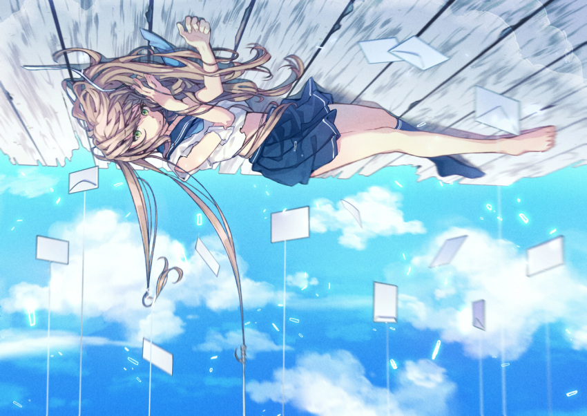 1girl, ;d, bangs, bare_shoulders, blue_legwear, blue_ribbon, blue_skirt, blue_sky