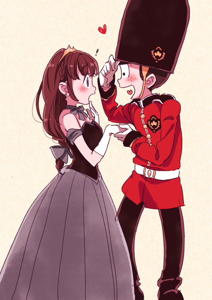 !, 1boy, 1girl, alternate_costume, alternate_hairstyle, bangs, bare_shoulders, bearskin_cap, beige_background, belt, black_eyes, black_hair, blush, bow, braid, brown_eyes, brown_hair, choker, dress, earrings, eye_contact, eyebrows, eyebrows_visible_through_hair, gloves, hair_bow, hand_to_own_mouth, hat, hat_tip, heart, heart_in_mouth, hetero, highres, holding_hands, jewelry, juushimatsu's_girlfriend, long_hair, long_sleeves, looking_at_another, low-tied_long_hair, lying, matsuno_juushimatsu, military, military_uniform, off-shoulder_dress, off_shoulder, on_side, osomatsu-kun, osomatsu-san, pants, profile, ribbon_choker, shoes, surprised, tiara, uniform, white_gloves, yamano_(151515)