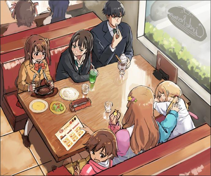1boy, 6+girls, amami_haruka, blonde_hair, blue_hair, brown_hair, cameo, diner