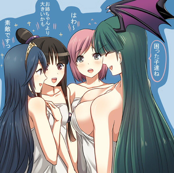 4girls, ayasato_mayoi, bangs, bare_shoulders, bat_wings, black_hair, blue_eyes, blue_hair