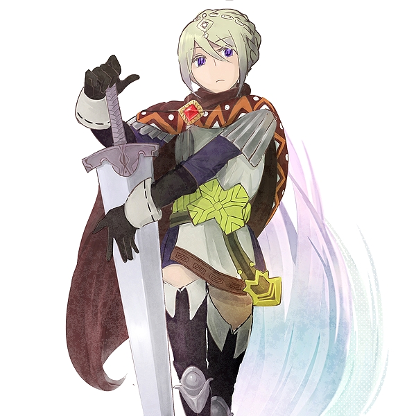 1girl, 72yan, blonde_hair, blue_eyes, boots, cape, garnet_(the_legend_of_legacy), gloves, hair_bun, solo, sword, the_legend_of_legacy, weapon, white_background