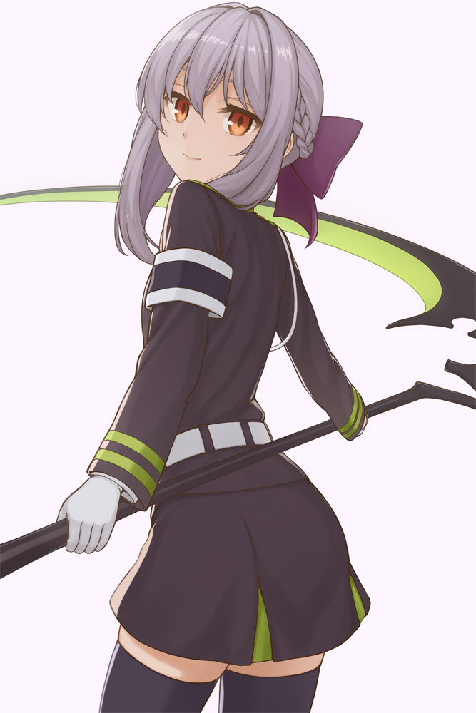 1girl, black_legwear, braid, gloves, grey_hair, hiiragi_shinoa, looking_at_viewer, looking_back