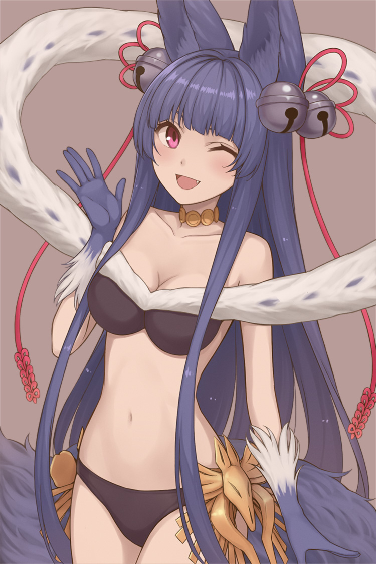 1girl, ;d, animal_ears, bell, blue_hair, blush, choker, fang
