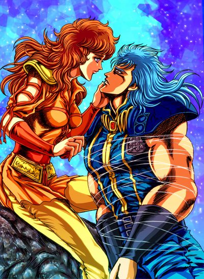1boy, 1girl, armlet, belt, blue_background, blue_hair, bound, couple