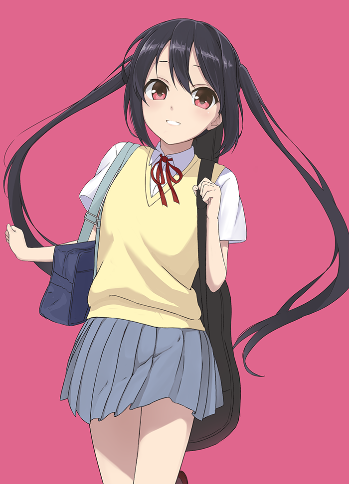 1girl, bag, black_hair, k-on!, long_hair, nakano_azusa, nananichi, pleated_skirt