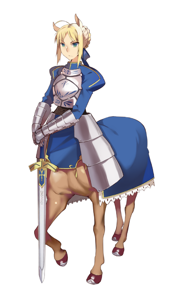 1girl, animal_ears, blonde_hair, braid, breastplate, centaur, excalibur, fate/stay_night, fate_(series), gauntlets, hair_ribbon, holding_sword, holding_weapon, horse_ears, ribbon, saber, simple_background, solo, sword, taosym, weapon, white_background