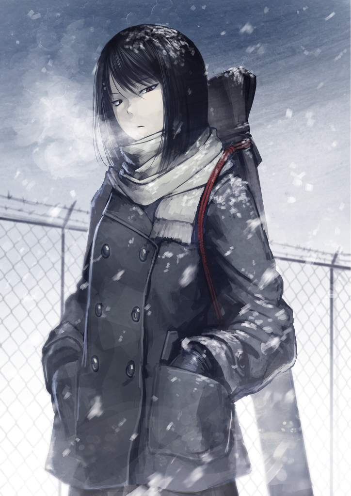 1girl, barbed_wire, black_gloves, black_hair, bob_cut, breath, coat, fence