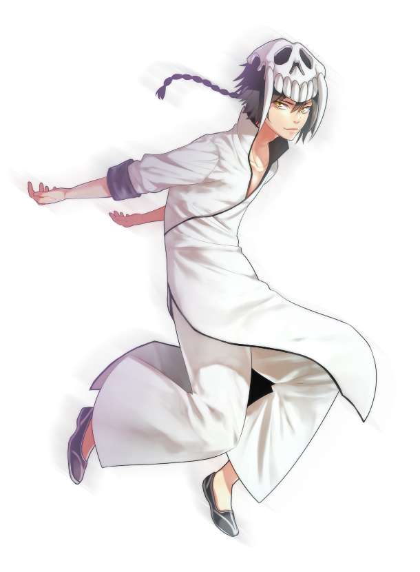 1boy, arrancar, black_hair, bleach, braid, ggio_vega, long_hair, simple_background