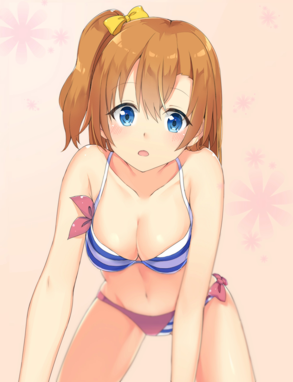 1girl, all_fours, bikini, blue_eyes, brown_hair, highres, kousaka_honoka, love_live!_school_idol_project, one_side_up, reina_(leinqchqn), side_ponytail, swimsuit