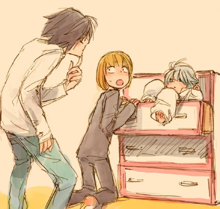 blue_eyes, blush, brown_hair, child, death_note, drawer, kneeling, l