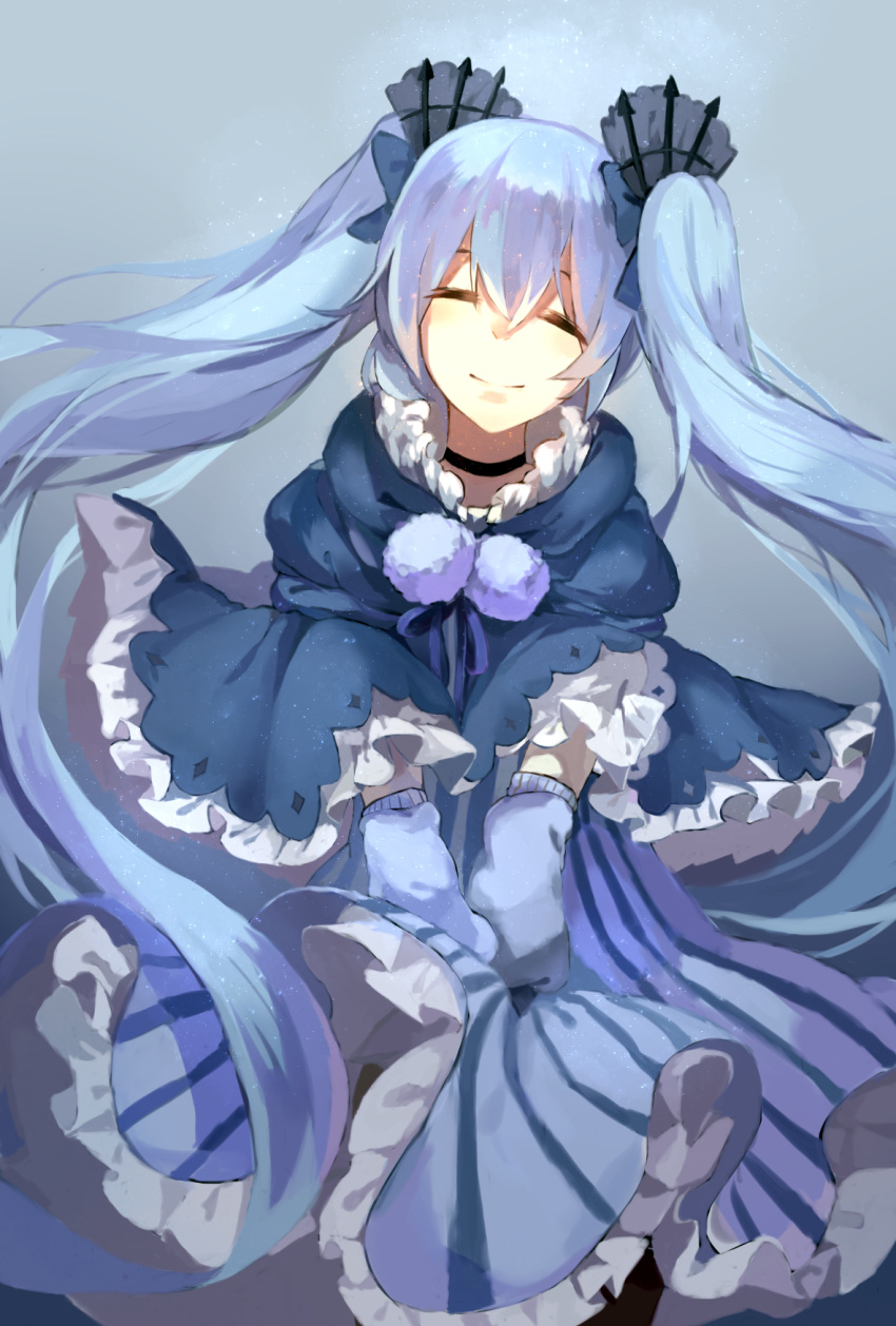 1girl, blue_hair, choker, closed_eyes, dress, fuyu_no_yoru_miku, hatsune_miku, head_tilt