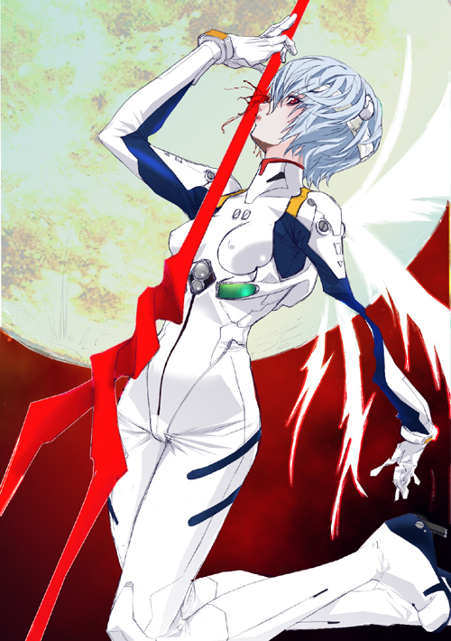 bandage, bandages, blue_hair, lance_of_longinus, moon, neon_genesis_evangelion, plugsuit, red_eyes