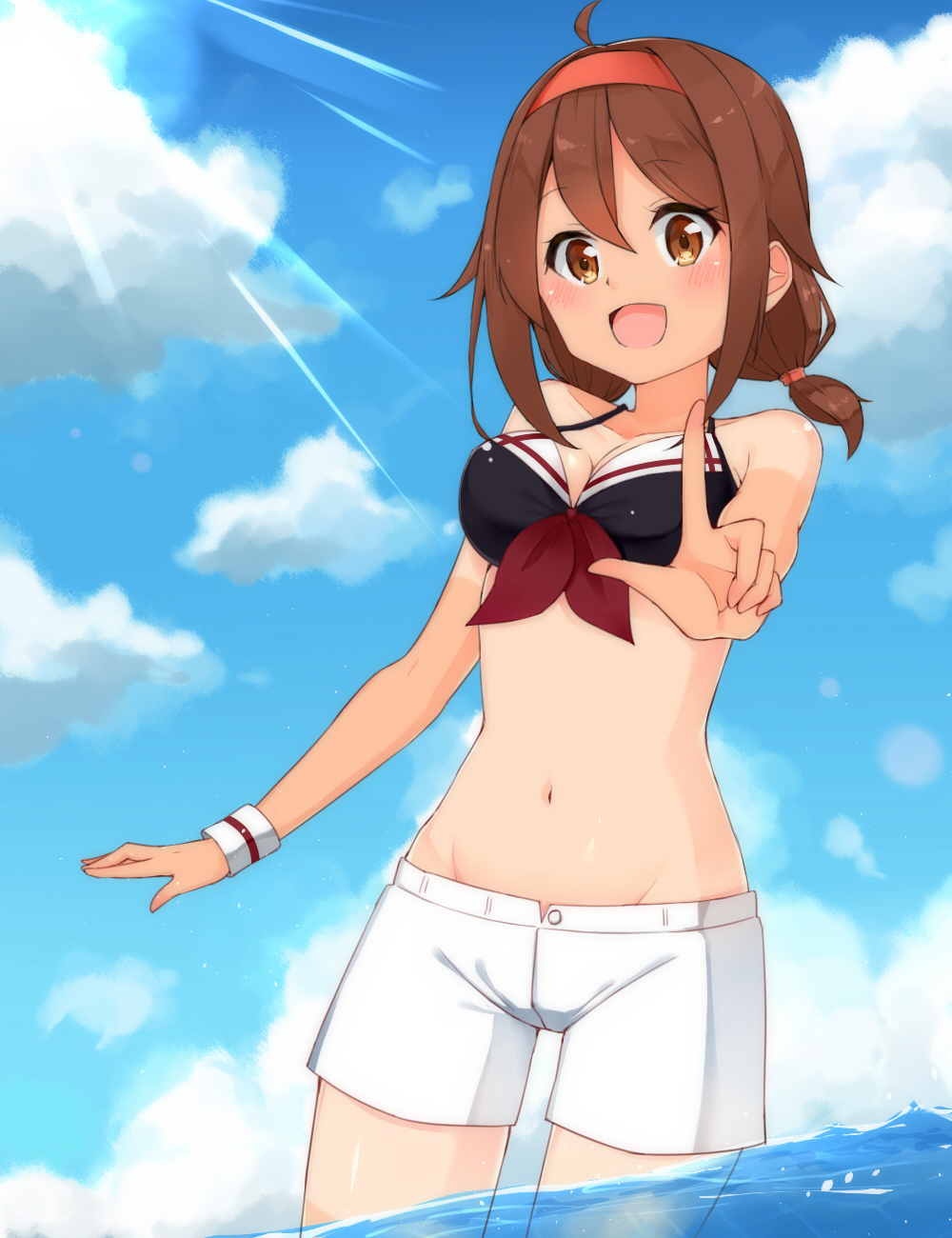 1girl, :d, bikini_top, blue_sky, brown_eyes, brown_hair, clouds, cowboy_shot