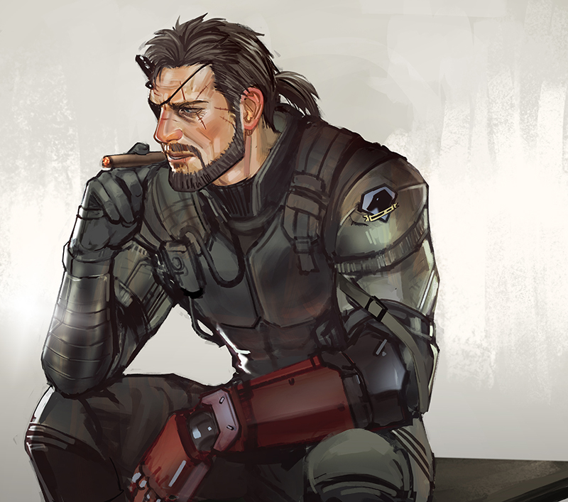 1boy, beard, black_hair, cigar, emblem, eyepatch, facial_hair, male_focus, mechanical_arm, metal_gear_(series), metal_gear_solid_v, mistermagnolia, ponytail, scar, scar_across_eye, sitting, solo, venom_snake
